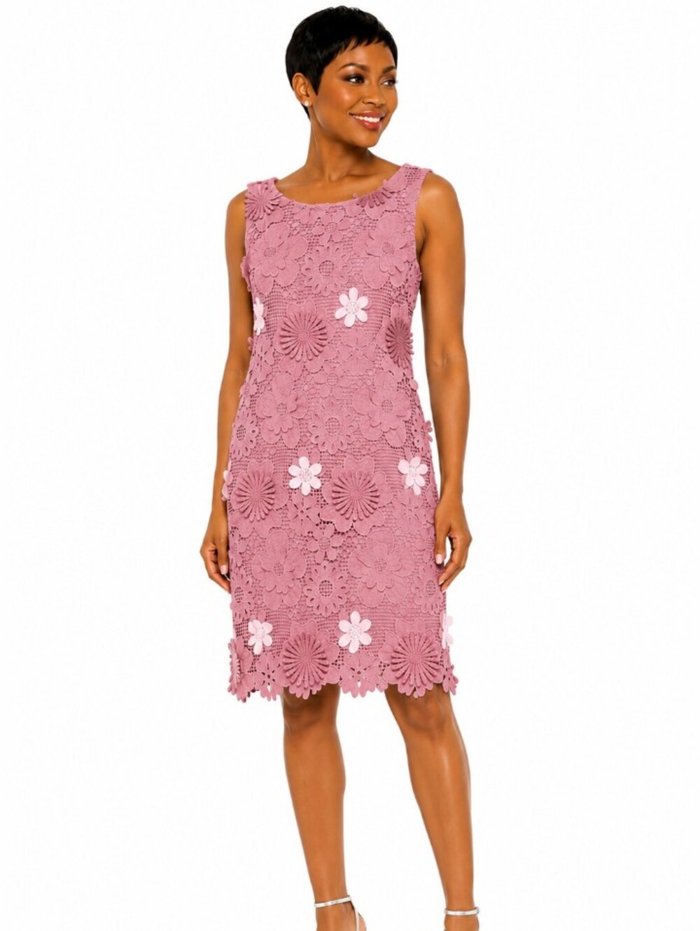 NINA LEONARD Dusty Rose Floral Crochet Midi Dress SIZE Large NWT - Picture 2 of 7